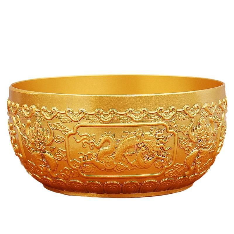 Brass Dragon and Phoenix Treasure Pot - Gold Eight Treasures Copper Bowl Ornament