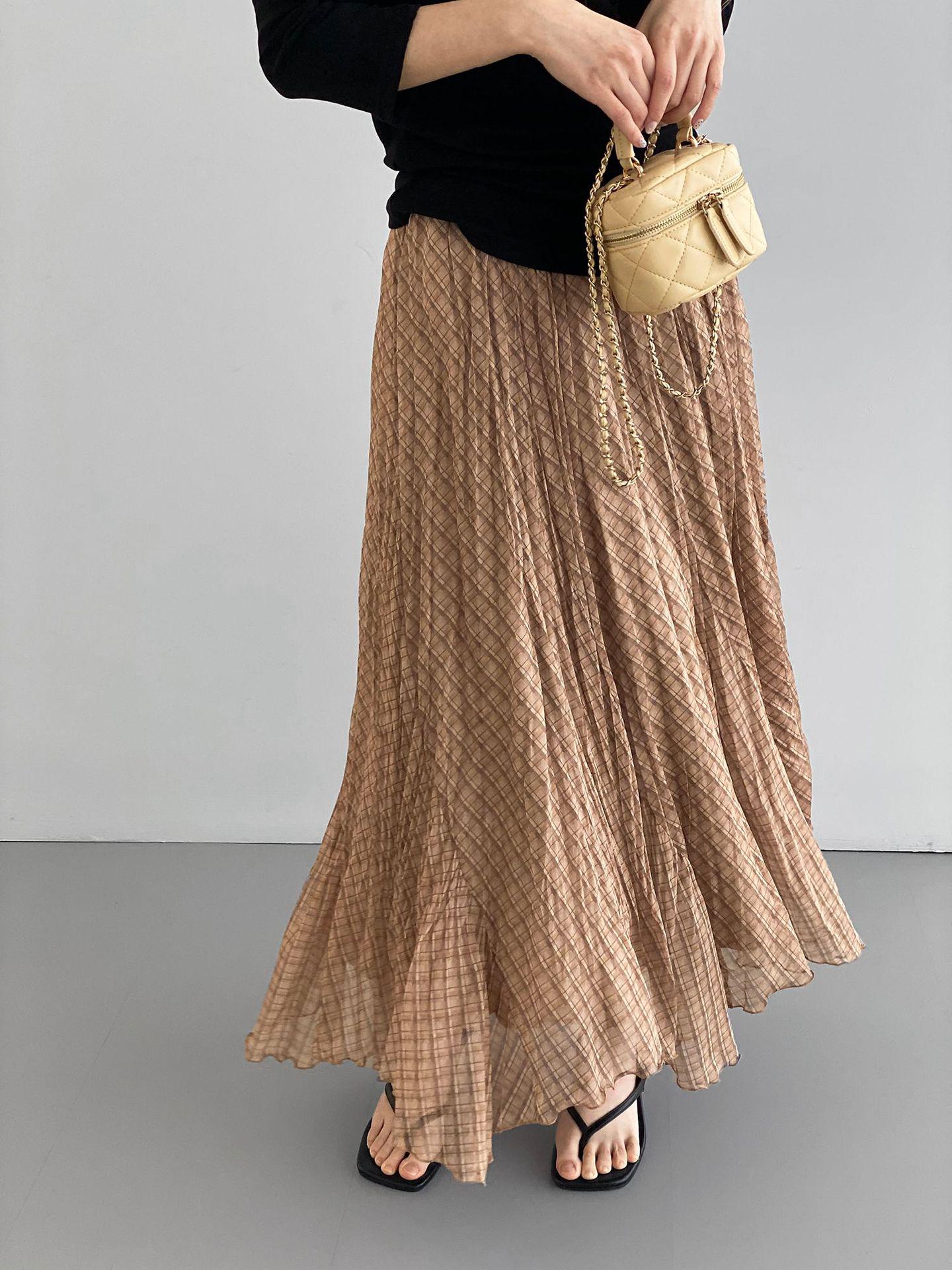 French Retro Plaid A-line Skirt for Women - Elastic Waist, Versatile, Slimming, Lazy-Chic Style J6021 One Size