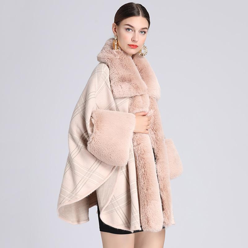 Autumn and Winter Women's Faux Otter Hair Collar Plaid Shawl Cape Large Lapel Loose Knitted Cardigan