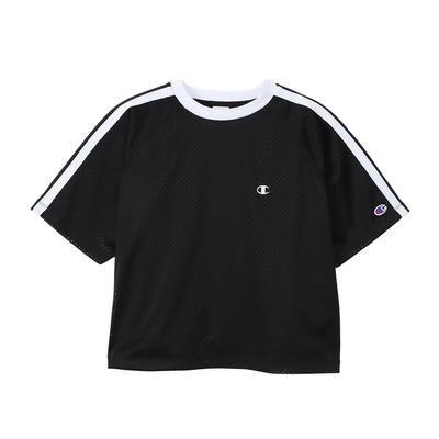 Camiseta Preta de Manga Curta Raglan de Um Ponto [Champion], Manga, Gola, Logotipo, Camiseta, Casual Feminino, CW-Z315