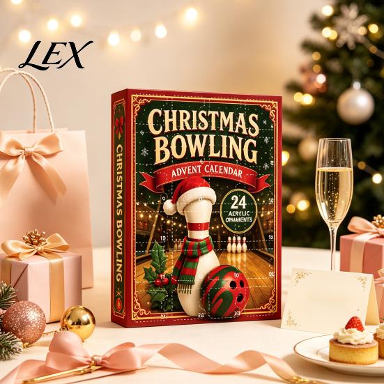 Creative Xmas Party Favors Christmas Advent Calendar with 24 Acrylic Pendants, 2D Flat Bowling Theme Holiday Ornaments for Tree Hanging Decorations