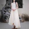 Johnature Women Irregular Solid Color Casual Dress Summer O-Neck Sleeveless Belt Soft Female Dress