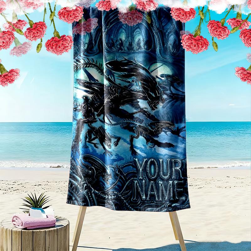 Name Custom Aliens Monster Print Beach Towel, Large Soft Quick Dry Towel for Beach Camping Swimming