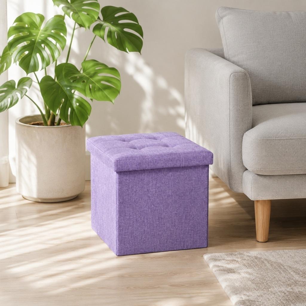 Quadratischer Aufbewahrungs-Hocker mit Polster, faltbar - Platzsparend, mehrzweckige Leinen-Aufbewahrung für Wohnzimmer, Schlafzimmer, Eingangsbereich