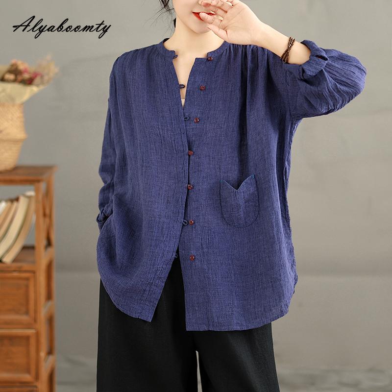 2026 New Spring Autumn Women Casual Loose Blouse O Neck Navy Blue Baggy Shirt Basic Ladies' Brief Oversized Cotton Korean Style Blouse