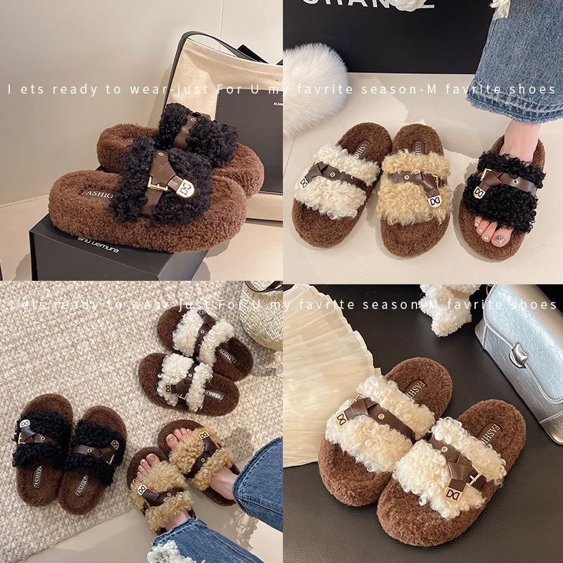 Plüschpantoffeln mit dicker Sohle für Damenbekleidung, neue Herbst- und Wintermode, Teddy-Rollen, flauschige Ein-Wort-Baumwollpantoffeln