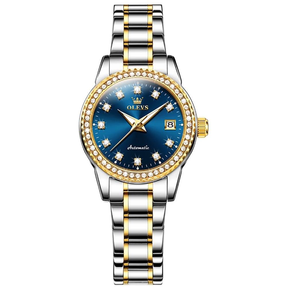 OLEVS Ladies Automatic Mechanical Watch Waterproof Luminous Diamond Sparkling Blue Wristwatch with Date