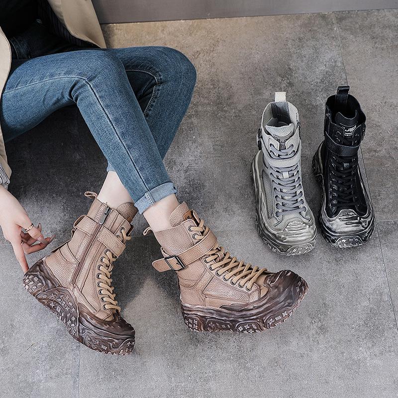 Damen Vintage Leder Motorrad Stiefeletten - Dicke Sohle, Martin Stil, Herbst/Winter Kollektion, Plus Baumwollfutter.