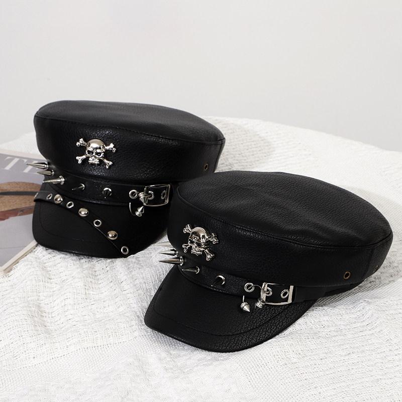 Punk Dunkle Nieten Leder Schiebermütze Y2k Marine Hut Trendige Hüte für Damen