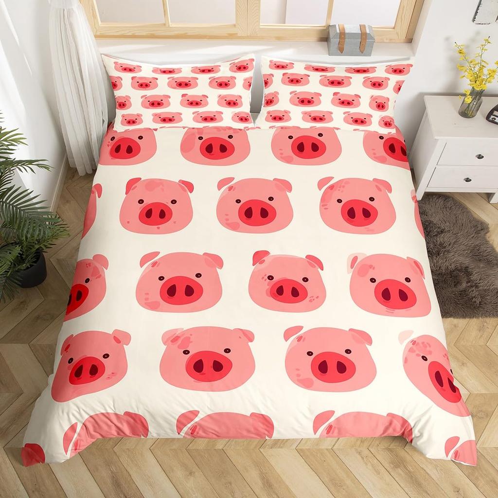 Rozā cūciņas gultas veļas komplekts King Queen Guļošas cūciņas segas pārvalks bērniem, zēniem, meitenēm, Kawaii dzīvnieku segas pārvalks ar 2 spilvendrānām
