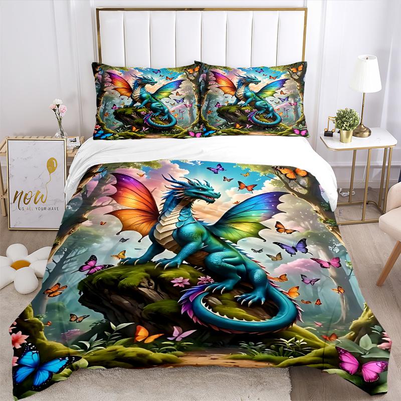 3pcs Butterflies and Dragons Bedding Set, Includes 1 Quilt Cover and 2 Pillowcases, Comfortable Bedding with Stylish Design for Bedroom