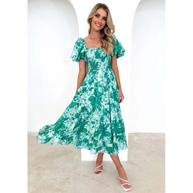 2025 Europe and America Cross Border Spring/Summer New Arrival off-Neck Print Puff Sleeves Silm Mid-Length Tulle Tutu Dress Dress