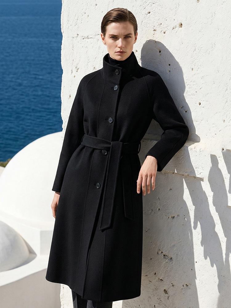 Women's Black Stand Collar Double-Faced Wool Coat, Mid-Length, Belted Cinched Waist - Non-Returnable Discontinued Sizes, Autumn/Winter Style.