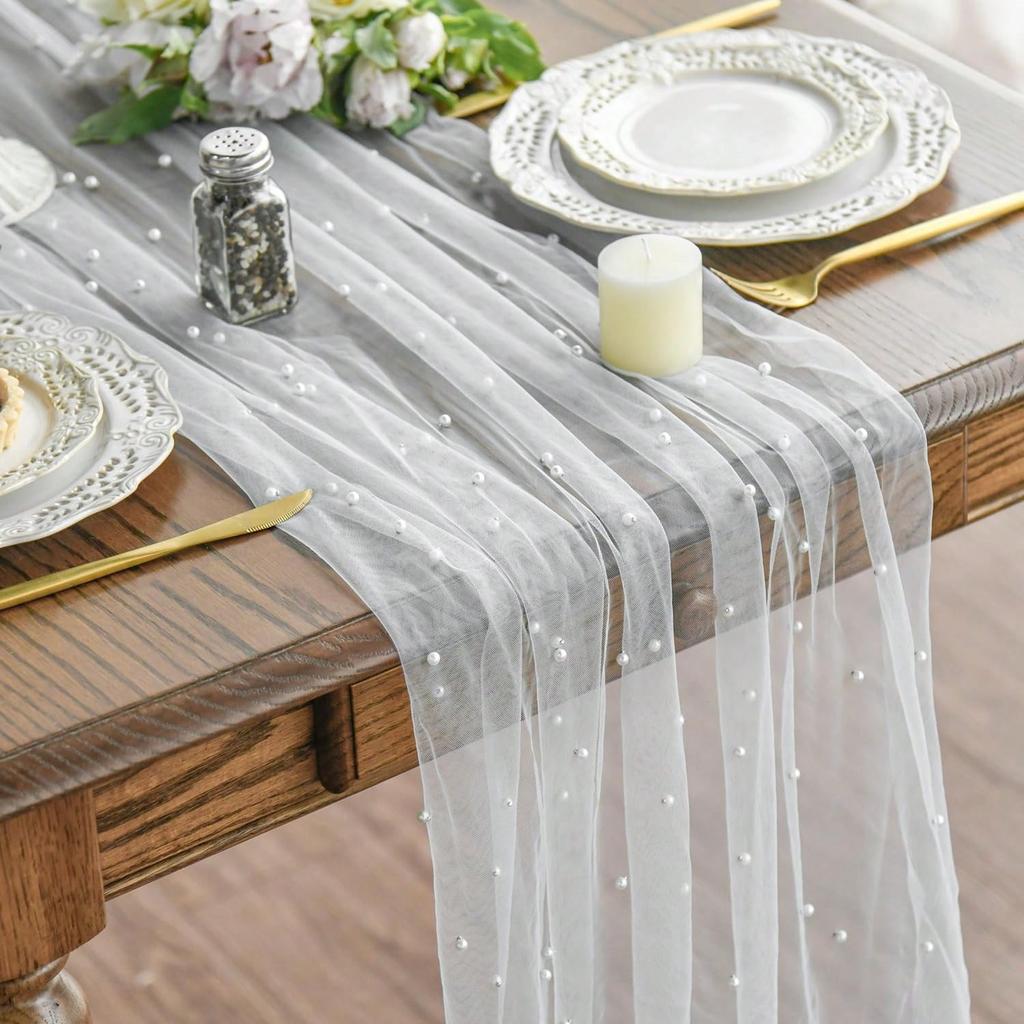 Luxurious Pearl Tulle Table Runner, 120 Inches Seasonal Tulle Table Decoration Suitable For Holidays Weddings  Birthdays  Family Gatherings.