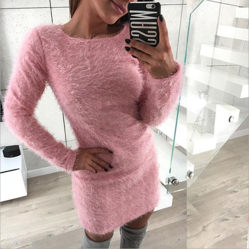 SCIONE Women Plush Round Neck Casual Sweater Loose Sleeve Long Sleeve Round Neck Plush Dress