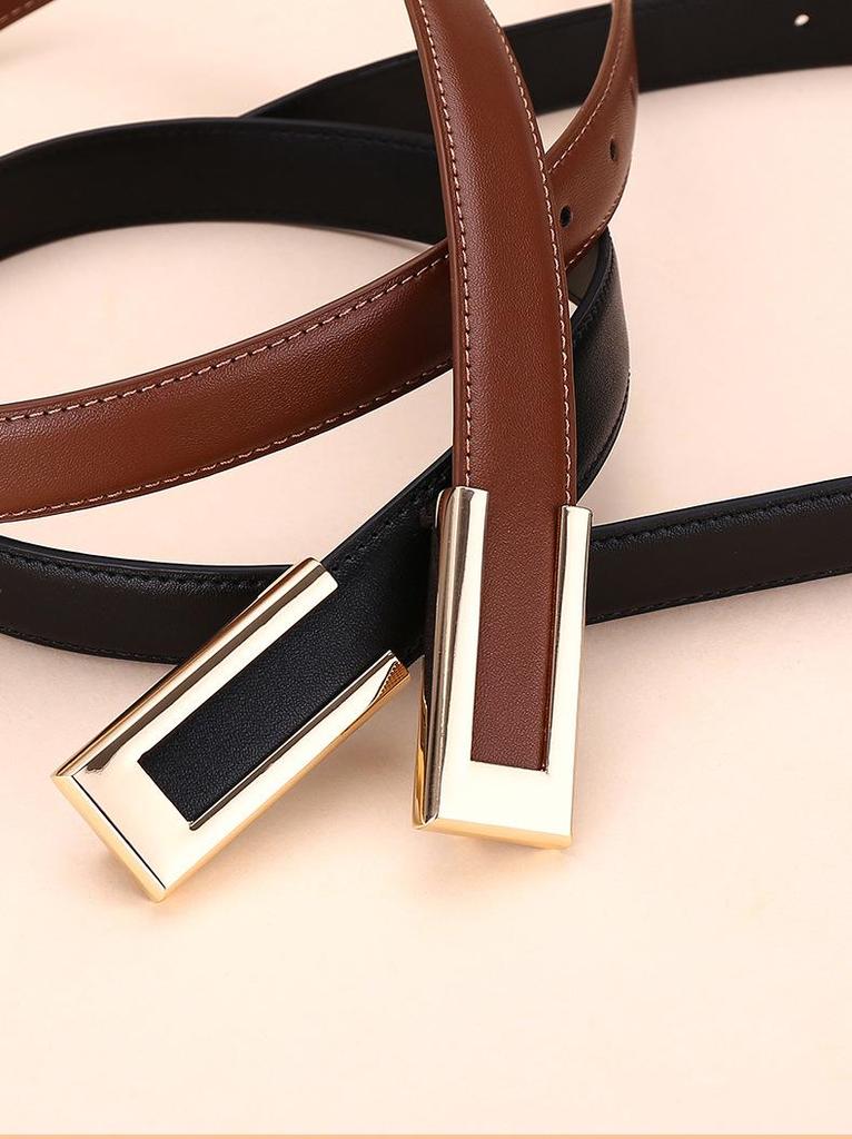 Women's Fashionable Gold Buckle Leather Belt - Versatile Cowhide Waistband for Dresses and Pants