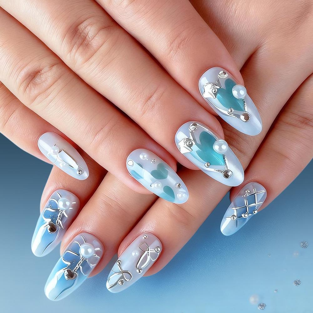 Valentine s Day Blue Ombre Pearl Rhinestone Heart Bow Almond Nails - 30 Detachable Pieces