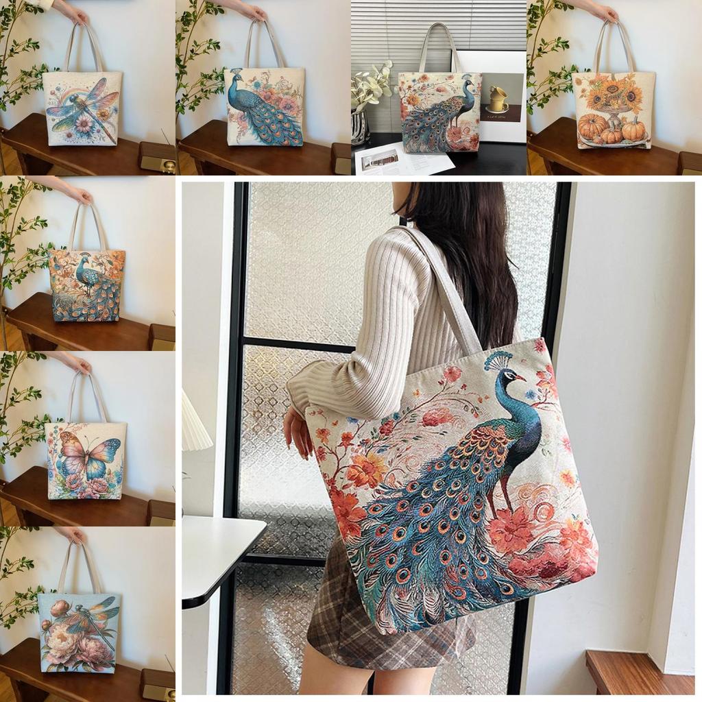 Ethnic Style Canvas Tote Bag With Doublesided Embroidered Silk Thread Floral For Daily Use