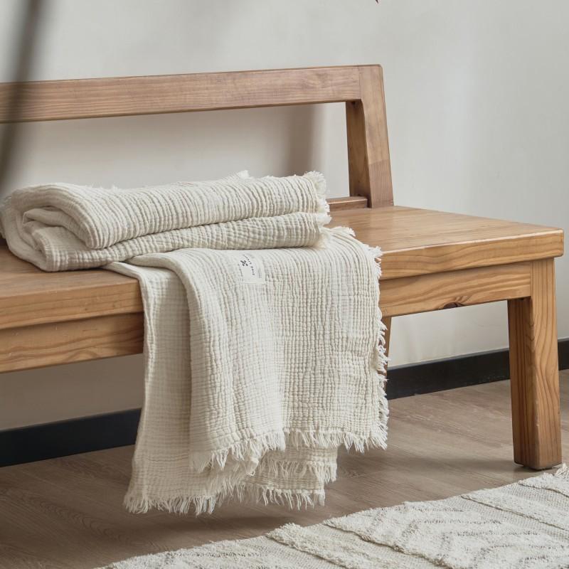 Japanese Style Maillard Four-layer Gauze Tassel Blanket Vintage Wrinkled Texture 100% Cotton Gauze Throw for Sofa Office Home