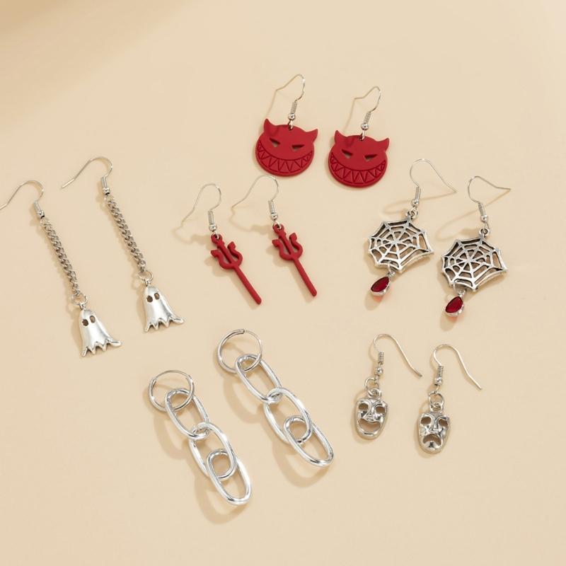 6 Pairs Women Studs Holiday Earrings Halloween Devil Spider Skull Ghost Earrings Cool Dangle Earring Party Jewelry Lover