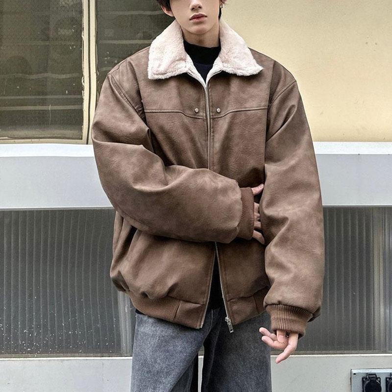 

Ретро Тай-Дай Пальто Осень Зима Искусственная овчина Толстое Мужская одежда Лацкан Свободный Повседневный Лоскутный Стильный На молнии Куртки L бежевый