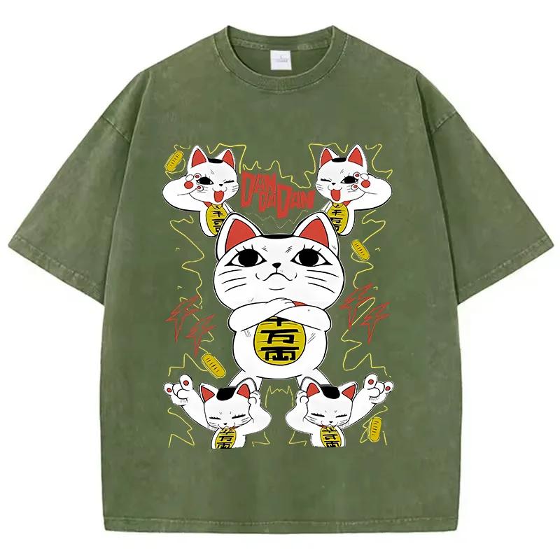 Summer Men Japanese Anime T Shirt Washed Cotton Vintage Aesthetic Cartoon Graphic Streetwear Loose Daily Tops