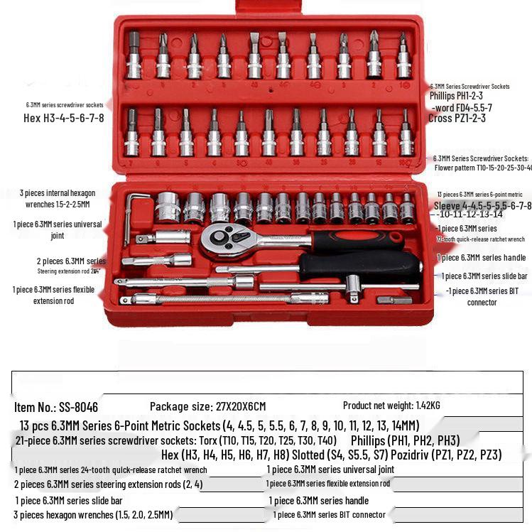 46-Piece Auto Repair Tool Set: Mechanic's Socket Wrench & Manual Hardware Tools
