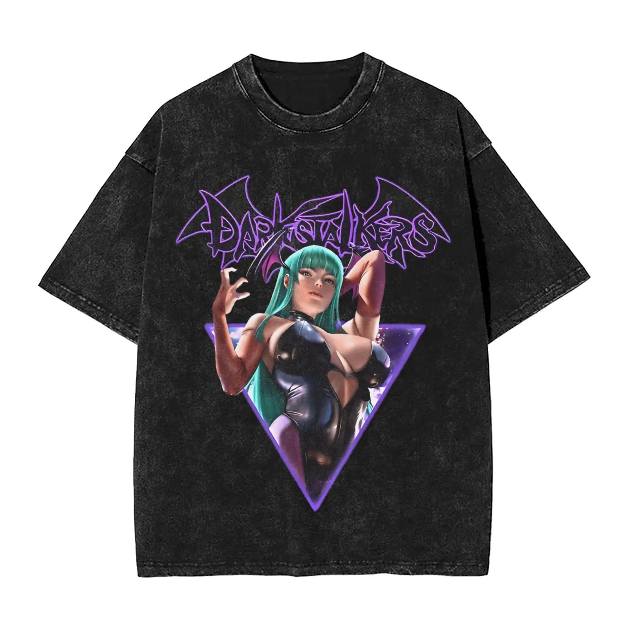 Classic Game Vampire Morrigan Aensland Graphic Print TShirt Unisex Women Vintage Washed Cotton Summer Tee Harajuku Oversized Tops S
