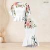 Women Plus Size Two Piece Skirt Set Round Neck Batwing Short Sleeve Floral Printed White Ruffle Hem Top Fishtail Skirt