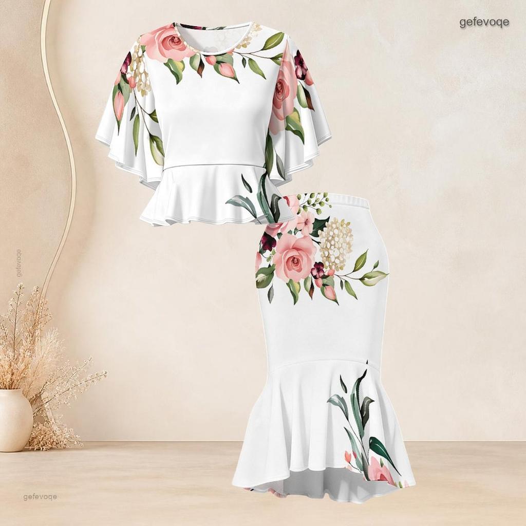 Women Plus Size Two Piece Skirt Set Round Neck Batwing Short Sleeve Floral Printed White Ruffle Hem Top Fishtail Skirt