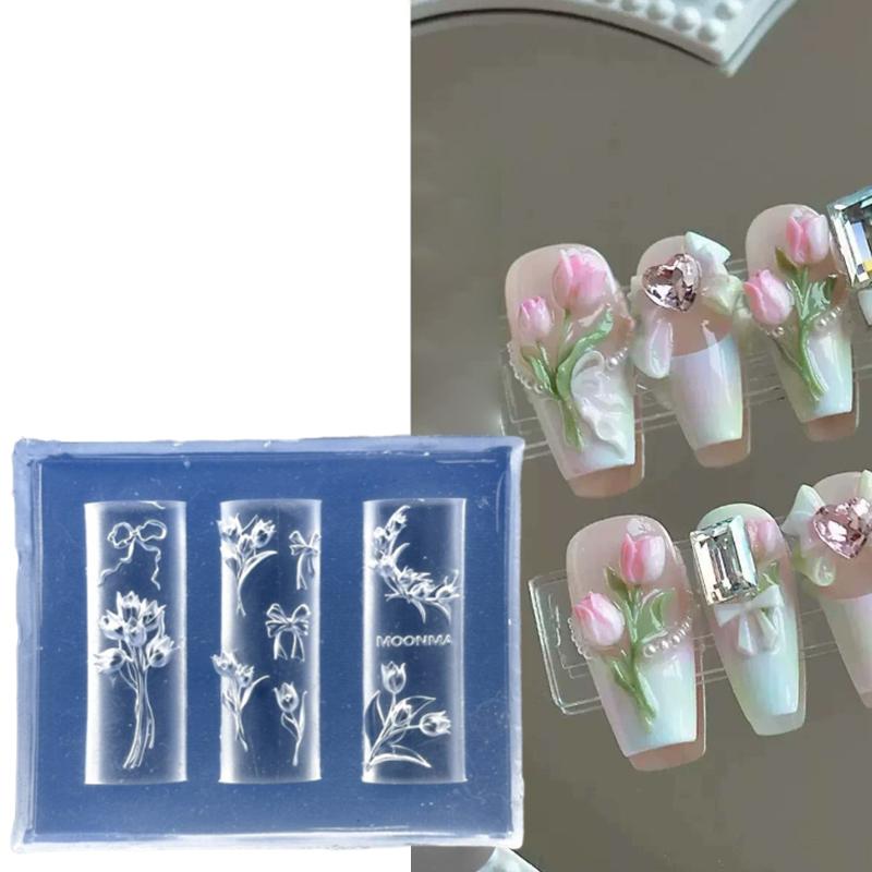 Flowers Rose Tulip Nail Silicone Relief Nail Art Mold Nail Salon Manicure Tool DIY Nail Decoration Accessories