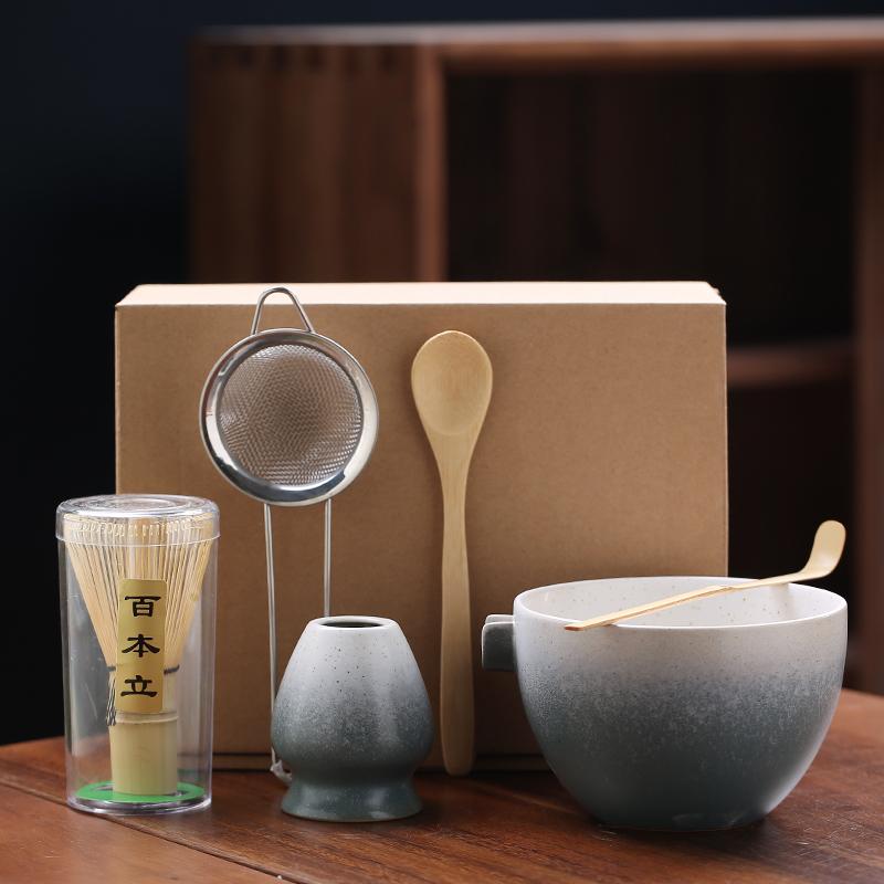 6PCS Japanese Matcha Set with Ceramic Bowl Bamboo Matcha Whisk Teaspoon Tea Sets with Strainer Tea Making Tools Accessories