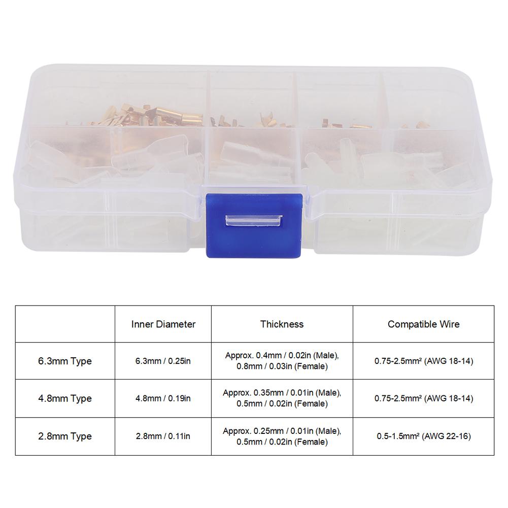 120Pcs 6.3mm 4.8mm 2.8mm Gold Copper Wire Terminal Connector with Sleeve Storage Box Accessory