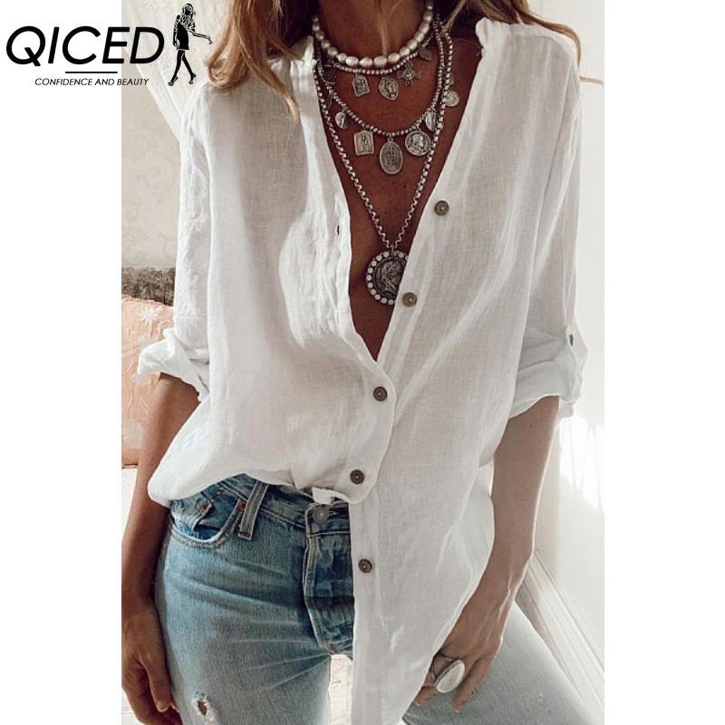 

QICED Женская Мода Повседневный Однотонный Принт Короткий Рукав ПОЛО Воротник Блузки и Рубашки XL белый