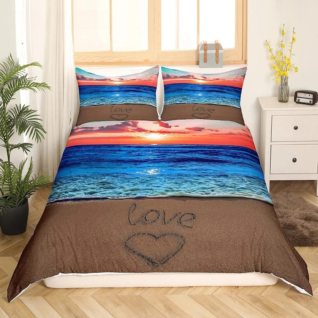 Summer Beach Duvet Cover Set Queen Ocean Bedding Set Hawaiian Palm Trees Marine Life Sea Waves Fish Printed Comforter Cover Set