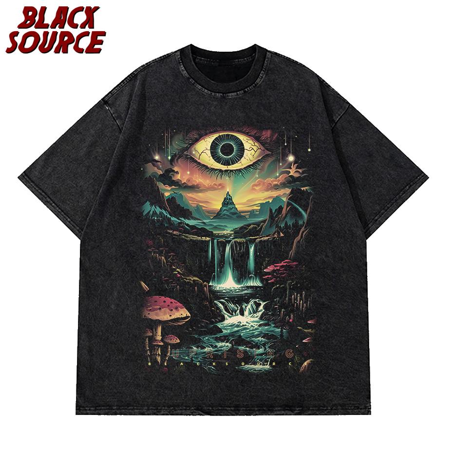 T Vintage Mens Washed Cotton Graphic TShirt Dark Fantasy Forest Glowing Sun Eye Print Soft Streetwear Top Tee Unisex S