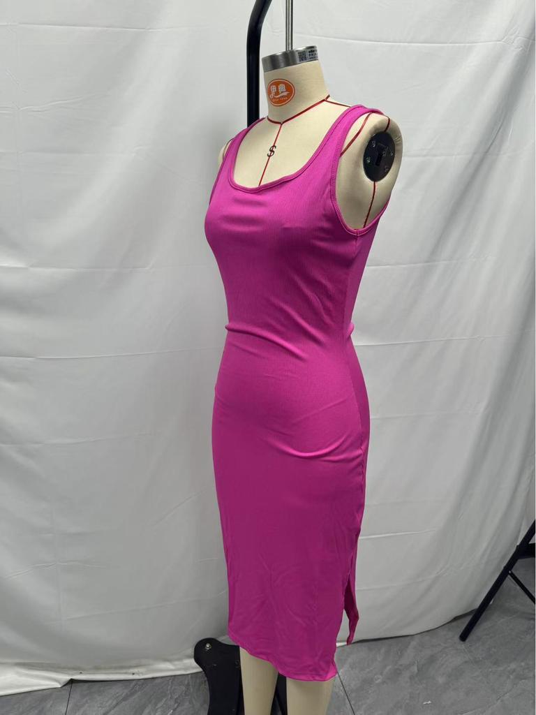 2025 Spring/Summer Elegant Sleeveless Ribbed Slim Fit Slit Dress with Square Neck