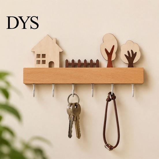 Solid Wood Coat Rack Wooden Key Holder, Organizer with 6 Hooks, Modern Wall Hooks for Entry Mounted Hanger Entryway Kitchen And Office Holder