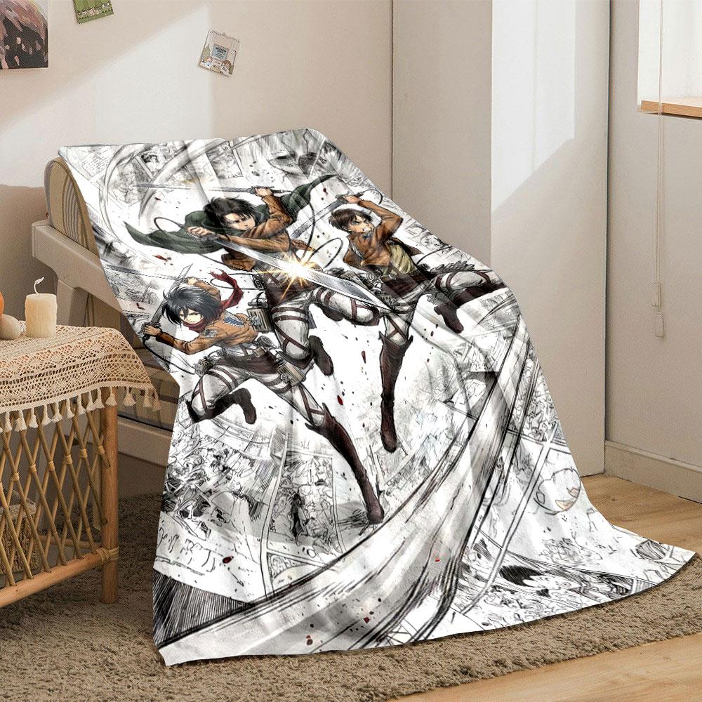 Three characters in dynamic poses wielding swords with flowing motion lines. for all seasons blanket lunch break throw gift