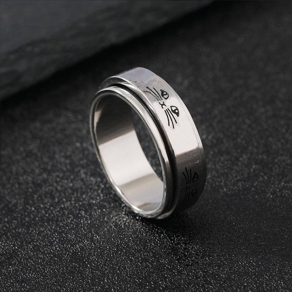 Rotatable Metal Cat Face Ring For Women Men Silver Color Stainless Steel Ring Punk Gothic Simple Accessories Kitten Jewelry Gift