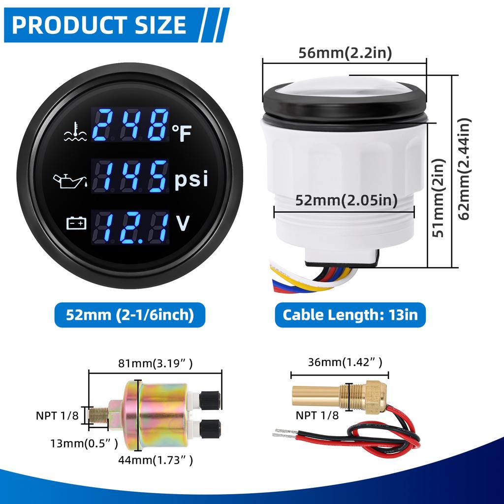 3 In 1 Digital 52mm Gauge with Alarm Water Temperature + Oil Pressure + Voltage Display Meter Sensor Kit For 12V24V Vehicle Boat