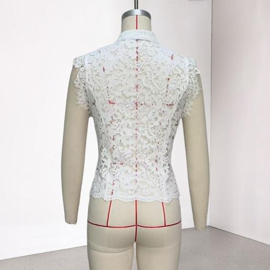Women Tops Stand Collar Sleeveless Knot Button Short Tops Embroidery Lace Perspective Blouse Streetwear