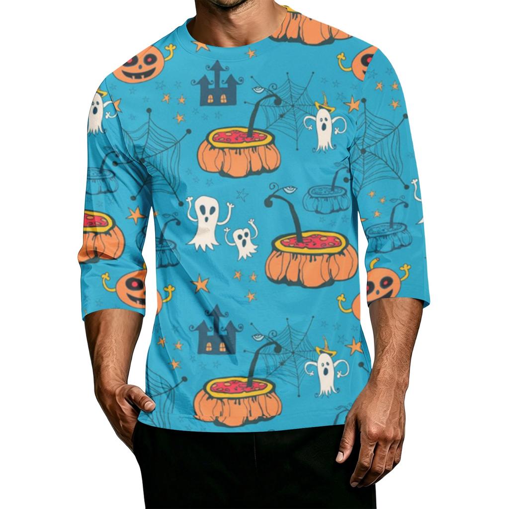 Men's Casual Halloween Pumpkin Print Crew Neck T-Shirt Three Quarter Sleeve Comfortable Fit Lightweight Fabric