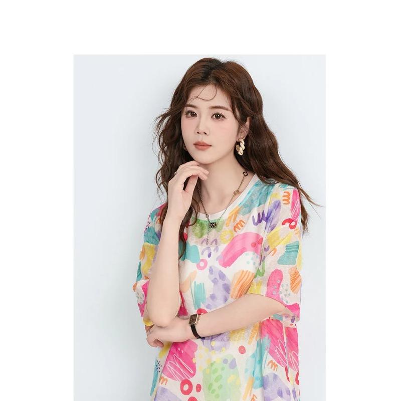 DIMANAF 2026 Plus Size Summer Women T-Shirts Casual Lady Tops Tunic Tees Shirt Beach Oversize Loose Floral Print Knitted