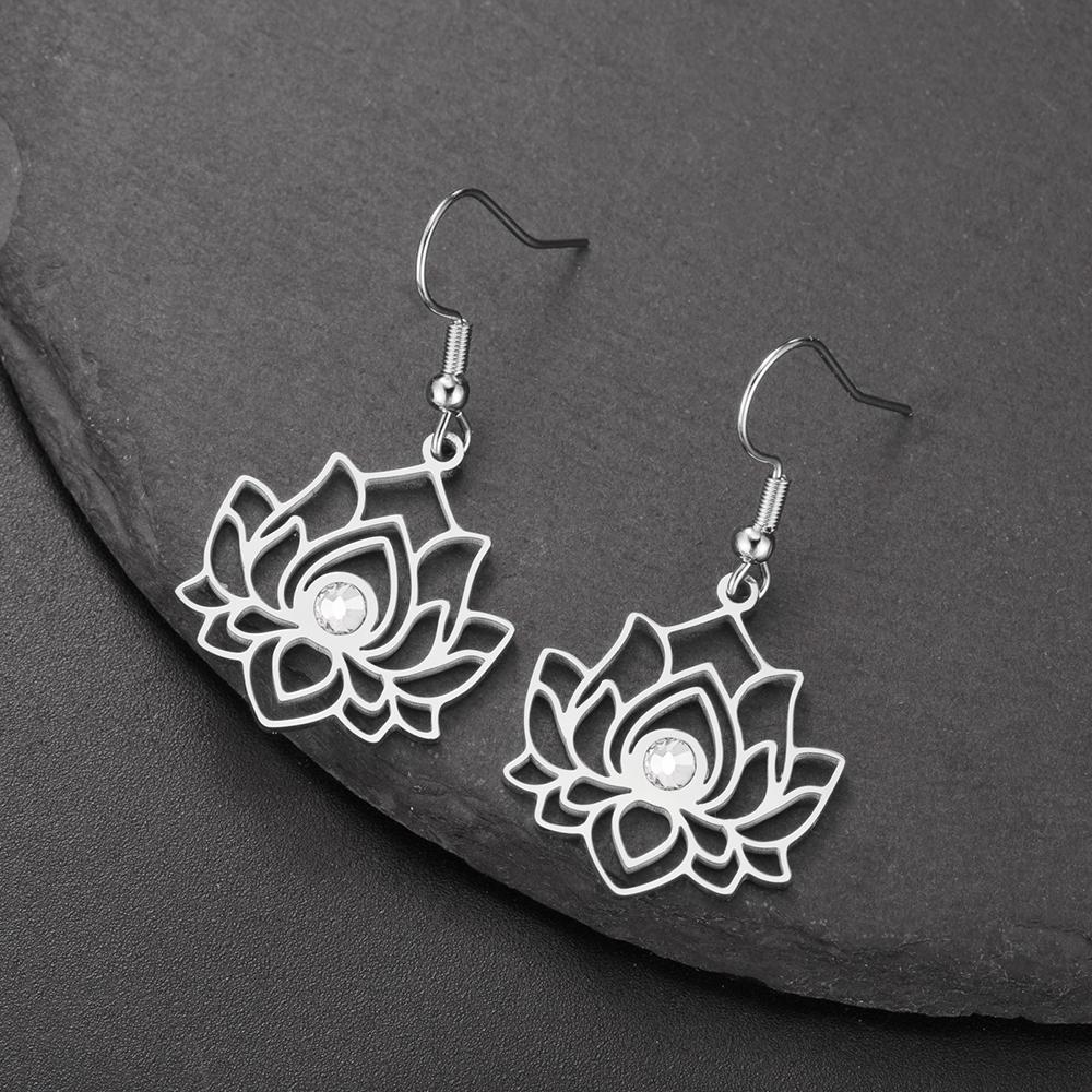 Dawapara Lotus Flower Earrings Zircon Spiritual Lotus Healing Charms Buddhist Yoga Jewelry Stainless Steel Dangle Earrings
