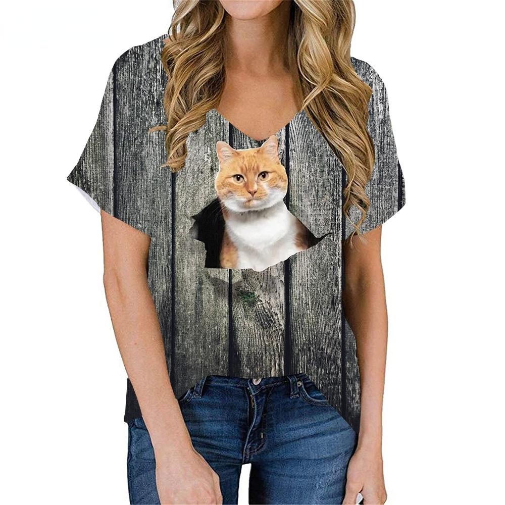 Fashion Spring  Kitten Print Blouses Short Sleeved V-Neck T Shirts Casual
