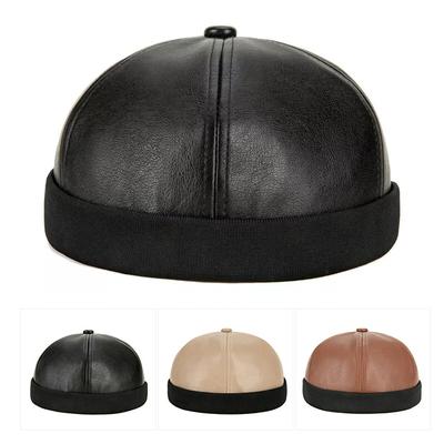 Men Leather Skullcap Sailor Brimless Hat Cap Hip Hop Rolled Cuff Warm Beanie Cap