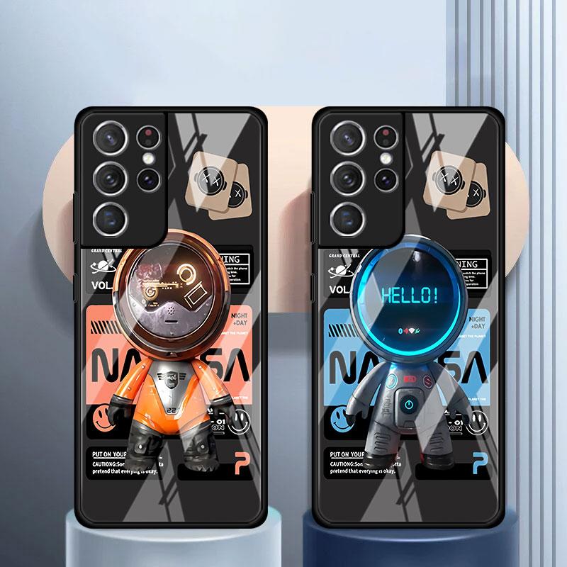 Phone Glass Case For Samsung Galaxy S22 S21 S20 Ultra FE S9 S10 S8 Plus Note 20 10 Lite 9 8 Cover Coque Cute Head Mini Astronaut