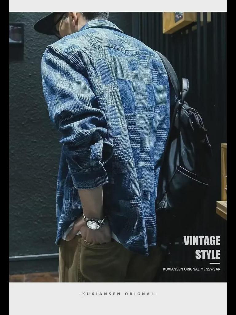Men's Trendy Retro Plaid Jacquard Black Denim Shirt-Jacket, Autumn Loose Fit, Long-Sleeved, Casual Style.