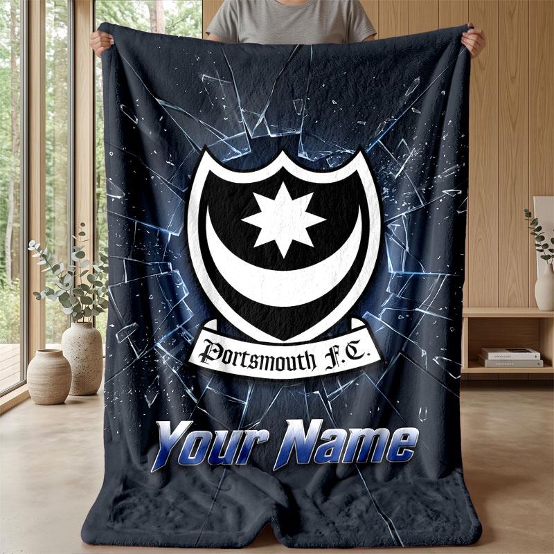 Portsmouth FC Custom Name Text Flannel Blanket Soccer Logo Personalized Fleece Throw Blanket Special Gift For Sofa Bedroom Home